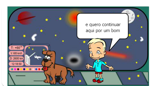 um homem e seu cão qie viajam pelo espaço.