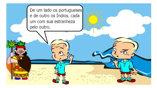 A história da chegada dos Portugueses ao Brasil.