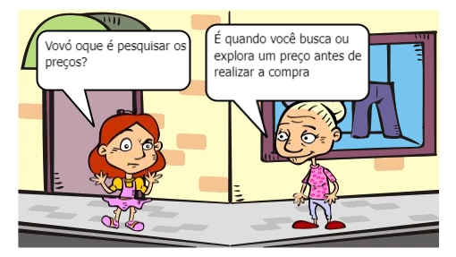 Este quadrinho mostra como você pode pesquisar preços e comprar o que cabe no seu bolso