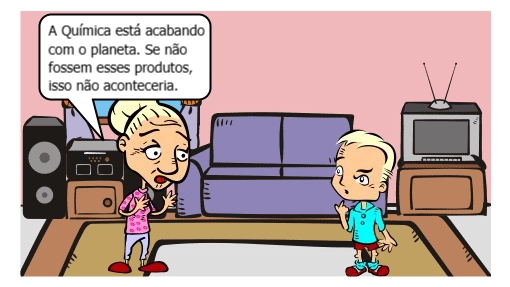 HQ que esclarece uma discussão entre um neto e seu avô sobre a relação entre Química e o Meio Ambiente.