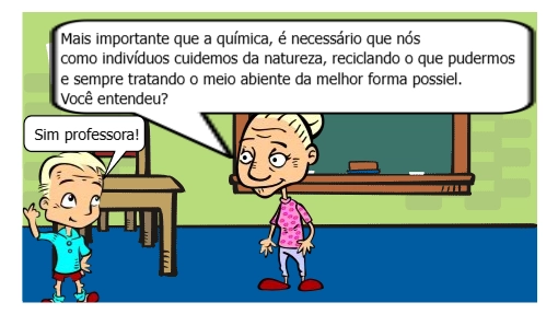 Uma professora e um alio conversam sobre meio ambiente, química e sociedade.