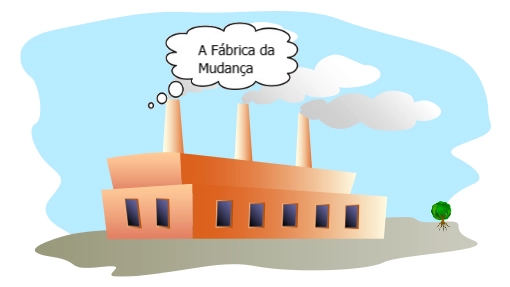 Vista para uma grande fábrica soltando fumaça pelas chaminés